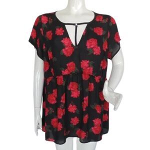 TORRID Tunic, 1/1X, Black, Red rose, Caged, Short/Cap sleeves,